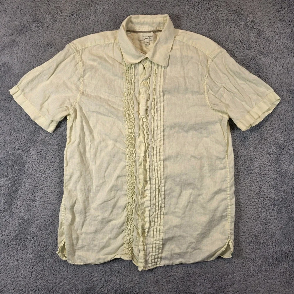 Banana Republic Linen Shirt Mens M Yellow Ruffle Tuxedo Short Sleeve Garment